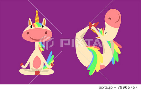 Funny Unicorn Character with Rainbow Mane and Tail Practicing Yoga Exercises Vector Set 79906767