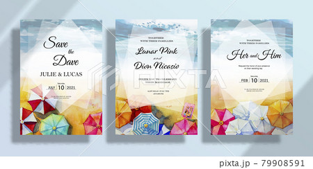 Happy wedding invitation card set with watercolor umbrella seascape paintings. 79908591