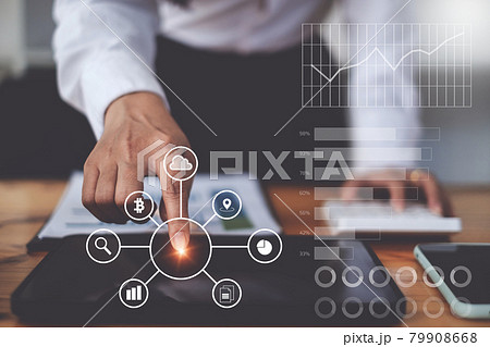 Business woman using application in digital tablet with virtual financial icon on screen 79908668