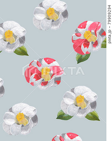 まだらと白椿パターン水色背景_リアルタッチ_縦 79909294