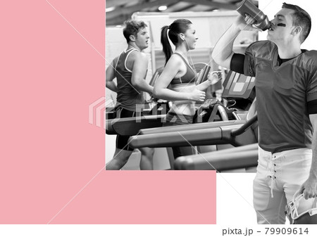 Rugby player drinking water over man and woman running on treadmill against pink background 79909614