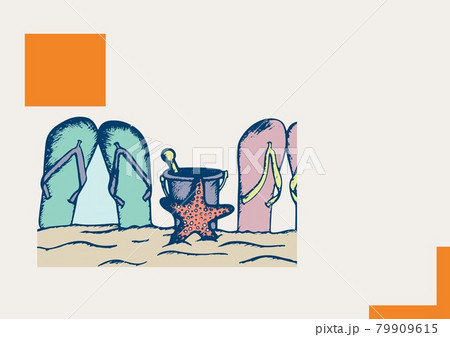 Flip flops, bucket and star fish icons at the beach against grey background Flip flops, bucket and star fish icons at the beach against grey background 79909615