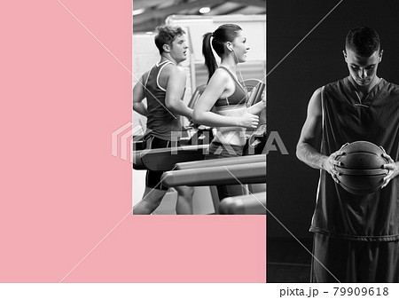 Collage of male basketball player over man and woman running on treadmill against pink background 79909618