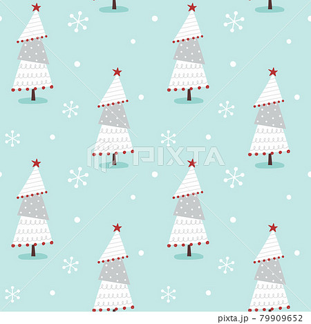 手描きのかわいいクリスマスツリーと雪のシームレスパターンのイラスト素材