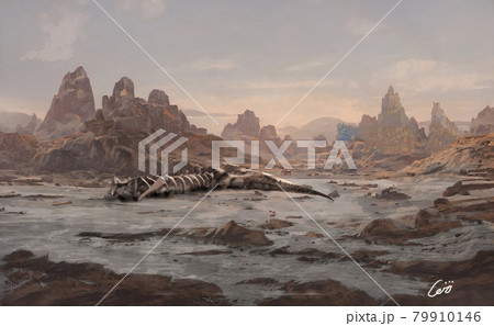 Painted fantasy landscape with castle and bones 79910146