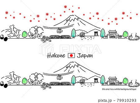 箱根の街並みと新型コロナウイルスのシンプル線画セット 79910293