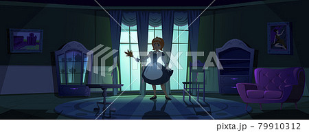 Maid in apron in dark living room at night Maid in apron in dark living room at night 79910312