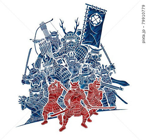 Group of Samurai Warrior Ronin with Weapon and Armor Action Ready to Fight Cartoon Graphic Vector 79910779