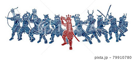 Group of Samurai Warrior Ronin with Weapon and Armor Action Ready to Fight Cartoon Graphic Vector 79910780
