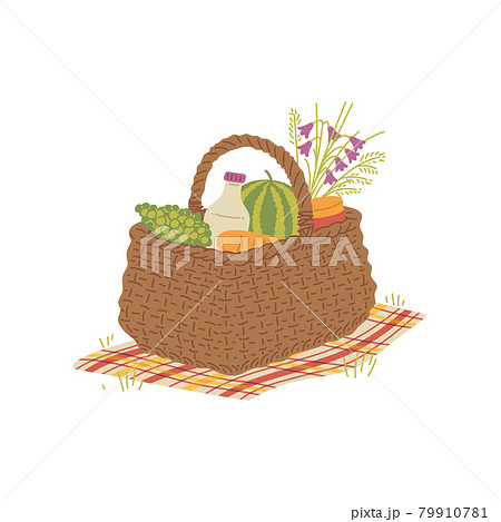 Woven picnic basket with food and snacks, flat vector illustration isolated. 79910781