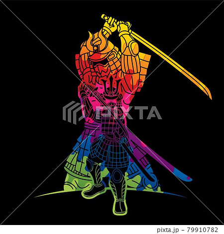 Group of Samurai Warrior Ronin with Weapon and Armor Action Ready to Fight Cartoon Graphic Vector 79910782