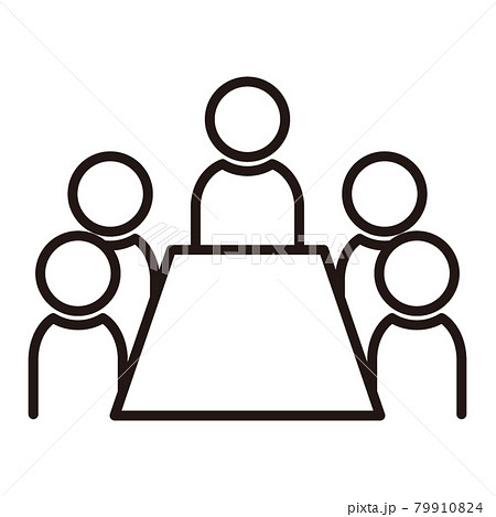 会議をする人々のシンプルな白黒細線アイコン 白背景のイラスト素材