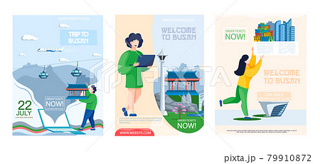 Welcome to Busan advertising banners. Modern constructions and traditional temple, landmark of city Welcome to Busan advertising banners. Modern constructions and traditional temple, landmark of city 79910872