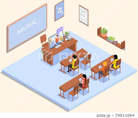 School education isometric with teacher and pupil at music lesson. Learning process in classroom School education isometric with teacher and pupil at music lesson. Learning process in classroom 79911064