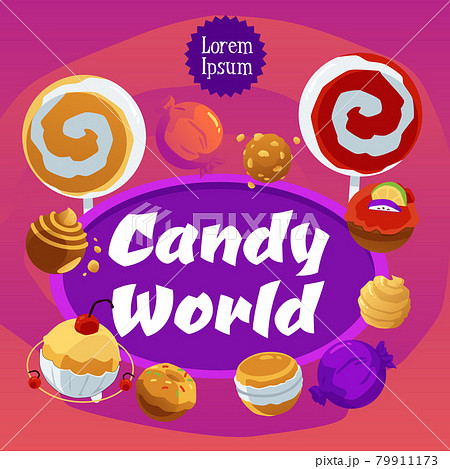Candy world square banner with lollipops and candies, flat vector illustration. 79911173
