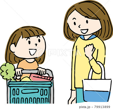 女の子がカートを押しながら親子でお買い物のイラスト素材