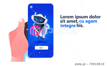 modern robot with prohibition sign running out of charge artificial intelligence technology charging concept modern robot with prohibition sign running out of charge artificial intelligence technology charging concept 79919619