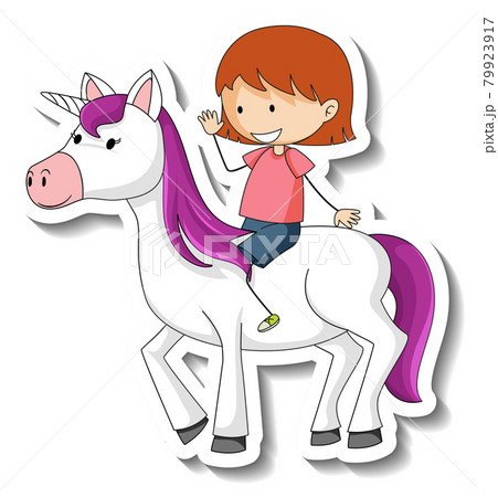 Cute stickers with a little girl riding a unicorn cartoon character 79923917