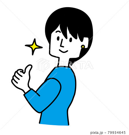 振り向きざまにサムズアップする女性 79934645