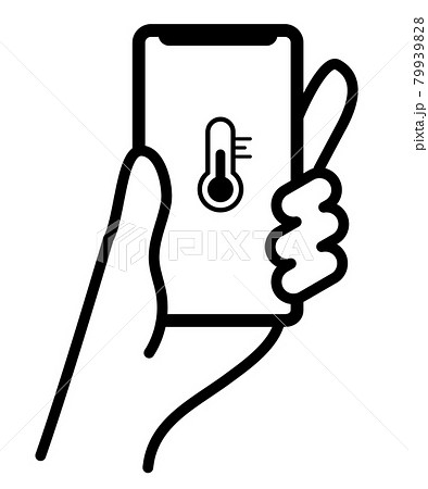 温度計アイコンが表示されたスマートフォンを持つ手のベクターイラストのイラスト素材