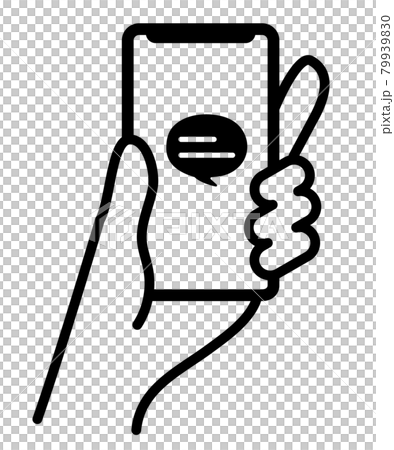 チャットアイコンが表示されたスマートフォンを持つ手のベクターイラストのイラスト素材