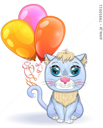 Cute cartoon pink cat, a kitten on a background of flowers holds balls with its tail. 79950011