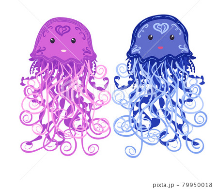 Pair of funny jellyfish hand drawn. Cute marine life, Scandinavian style, detailed Pair of funny jellyfish hand drawn. Cute marine life, Scandinavian style, detailed 79950018