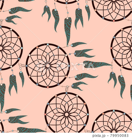 Dreamcatcher pattern in retro style. Hand drawn seamless pattern. Fashion print. Boho vintage style background Dreamcatcher pattern in retro style. Hand drawn seamless pattern. Fashion print. Boho vintage style background 79950083