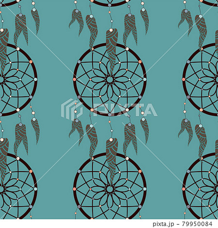 Dreamcatcher pattern in retro style. Hand drawn seamless pattern. Fashion print. Boho vintage style background Dreamcatcher pattern in retro style. Hand drawn seamless pattern. Fashion print. Boho vintage style background 79950084