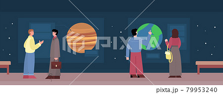 Planetarium exhibit hall interior with visitors, cartoon vector illustration. 79953240