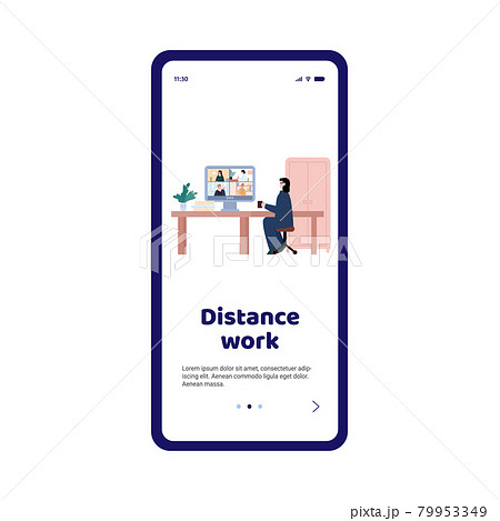 Mobile onboarding page on topic of distance work, cartoon vector illustration. 79953349