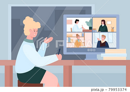 Woman taking part in webinar or online conference, flat vector illustration. Woman taking part in webinar or online conference, flat vector illustration. 79953374