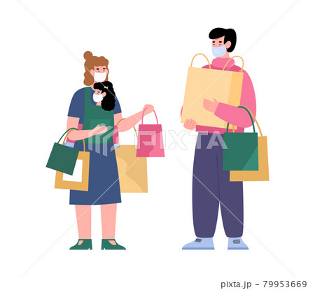 Happy family of shoppers in facial masks hold lot of bags in hands. 79953669