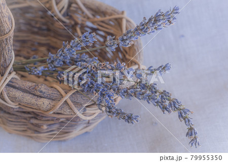 カゴに入れたラベンダーポプリ、カゴとドライラベンダー、ポプリ、 79955350