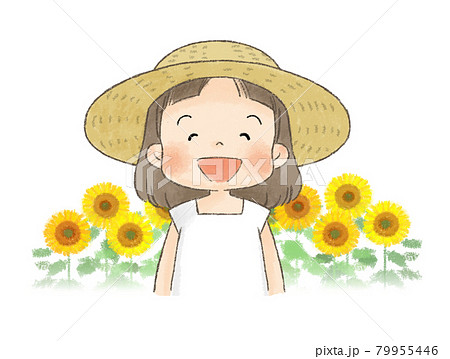 ひまわり畑と麦わら帽子の女の子 笑い顔 のイラスト素材