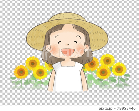 ひまわり畑と麦わら帽子の女の子（笑い顔） 79955446