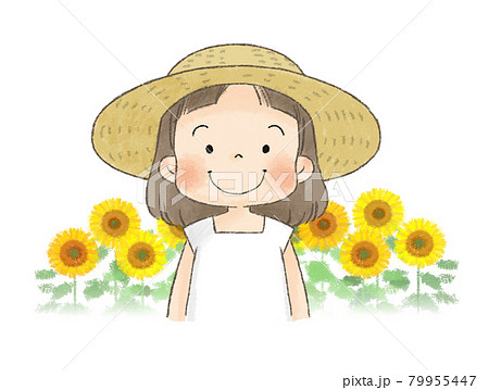 ひまわり畑と麦わら帽子の女の子のイラスト素材