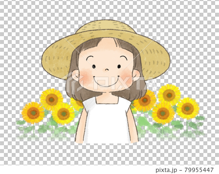 ひまわり畑と麦わら帽子の女の子のイラスト素材
