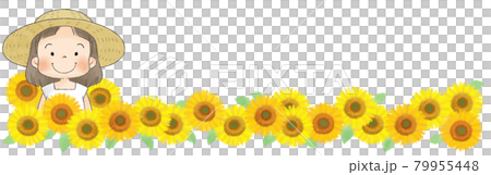 ひまわりと麦わら帽子の女の子 横飾り罫 のイラスト素材