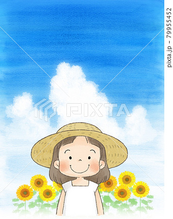 ひまわり畑と麦わら帽子の女の子 入道雲 のイラスト素材