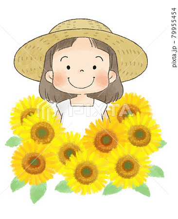ひまわりと麦わら帽子の女の子のイラスト素材