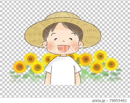 ひまわり畑と麦わら帽子の男の子（笑顔）のイラスト素材 [79955461