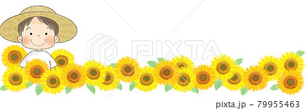 ひまわりと麦わら帽子の男の子(横飾り罫) ひまわりと麦わら帽子の男の子(横飾り罫) 79955463