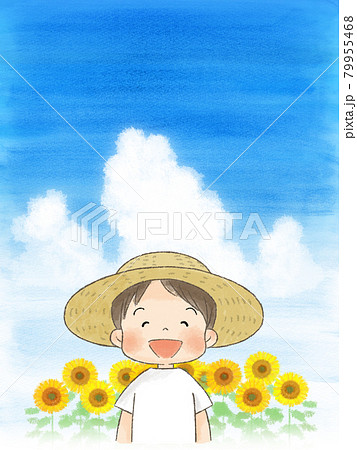 ひまわり畑と麦わら帽子の男の子（笑顔、入道雲）のイラスト素材