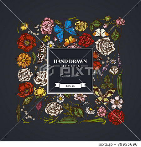 Square floral design on dark background with shepherd s purse, heather, iris japonica, sakura Square floral design on dark background with shepherd s purse, heather, iris japonica, sakura 79955696