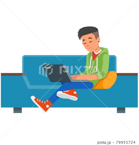Boy with laptop computer on home sofa vector 79955724