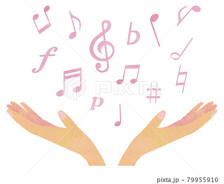 手と音符01_01（差し出した両手の上に浮かぶピンクの音符） 79955910