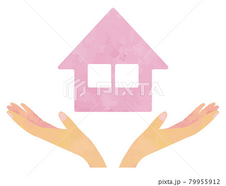 手と住宅01_01（差し出した両手の上に浮かぶピンクの家・住宅） 79955912