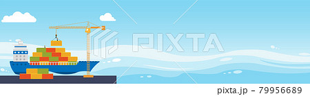 Industrial sea port cargo logistics container. Crane loads cargo on to cargo barge. 79956689