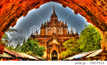 View to Htilominlo temple at the dawn. Bagan Myanmar View to Htilominlo temple at the dawn. Bagan Myanmar 79957819